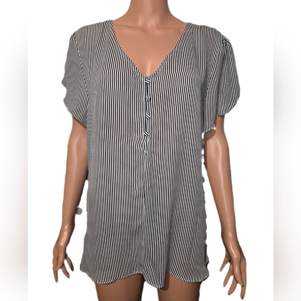 Philosophy Navy and White Pinstripe Blouse